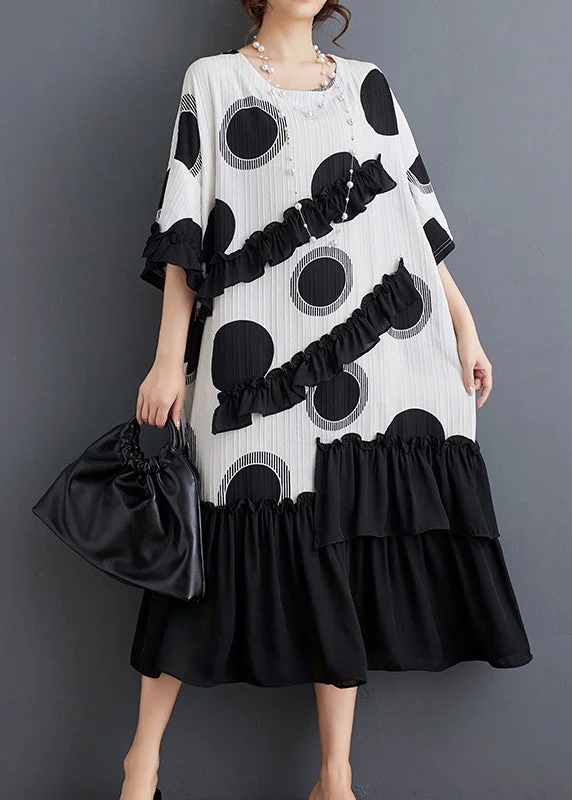 floral midi dressWhite Dot Print Patchwork Loose Chiffon Dress Ruffled Summer