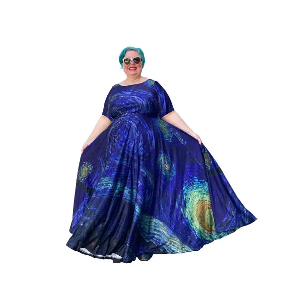 flowy dressArt Series: Starry Night Maxi Dress Plus Size with Fitted Bodice, Sleeves and Voluminous Circle Skirt