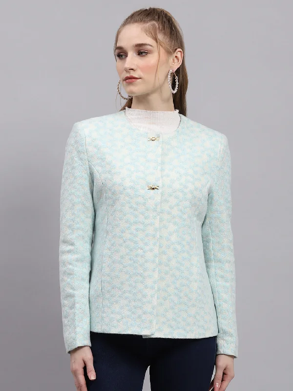 fashionable outerwearWomen Blue Embroidered Round Neck Full Sleeve Coat