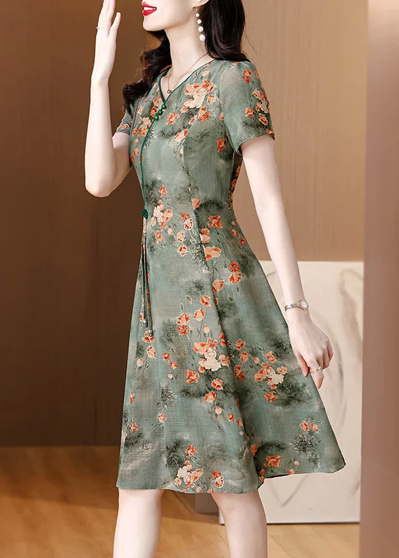 elegant evening dressGreen Print Slim Fit Chiffon Mid Dresses V Neck Summer