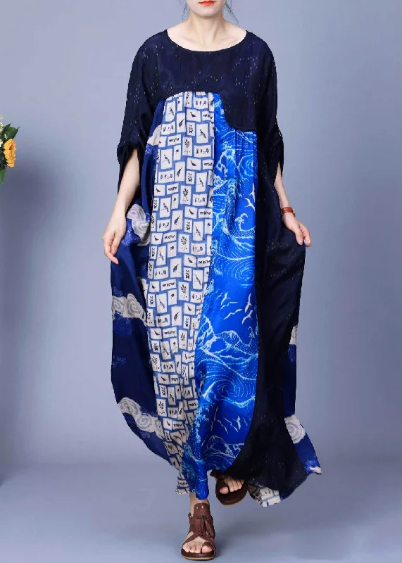 long-sleeve floral dressItalian Blue O Neck Print Patchwork Silk Long Dresses Summer