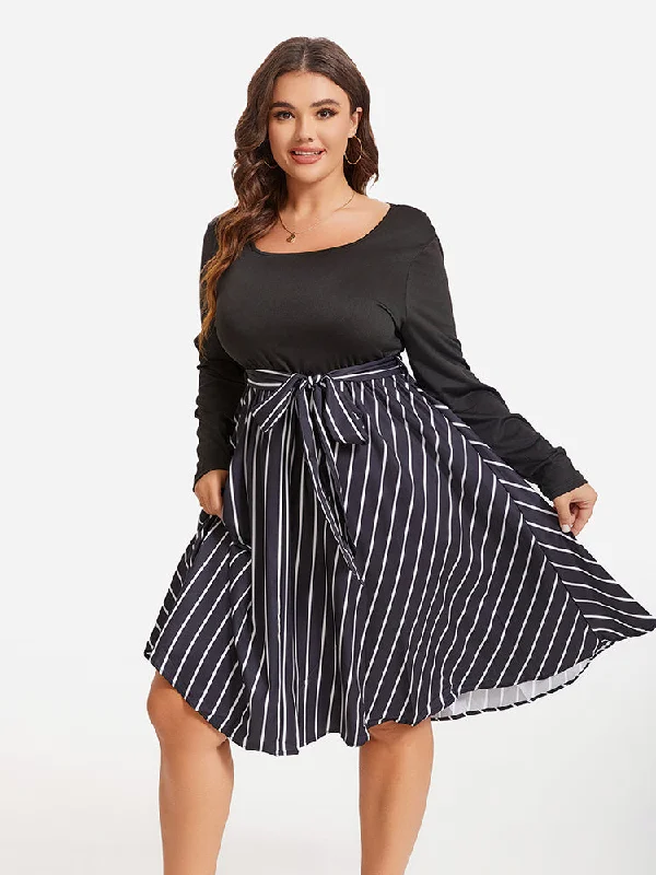 casual day dressStriped Print Square Neck Belted Midi Dress