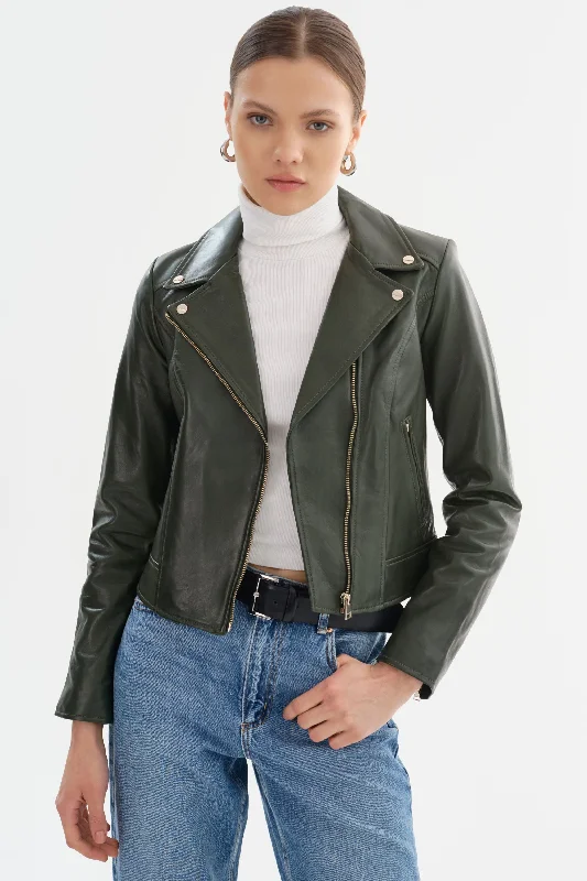 Bonus Savings KELSEY | Biker Leather Jacket Champagne Hardware