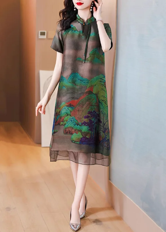 Great Deals Loose Dark Gray Stand Collar Button Print Silk Dress Summer