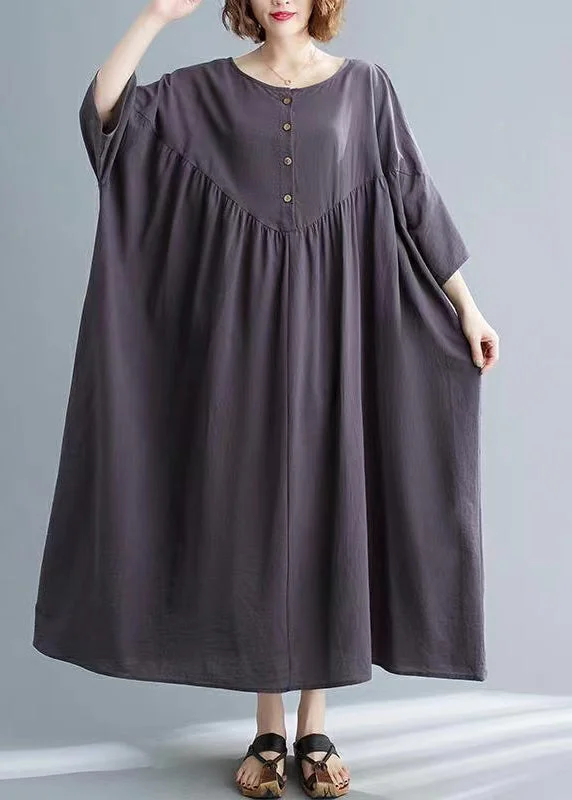 Price Reduction Women Dark Grey Patchwork Button Long Dresses Short Sleeve