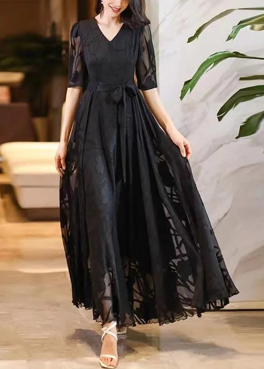 sleek midi dressElegant Black V Neck Tie Waist Chiffon Maxi Dresses Summer