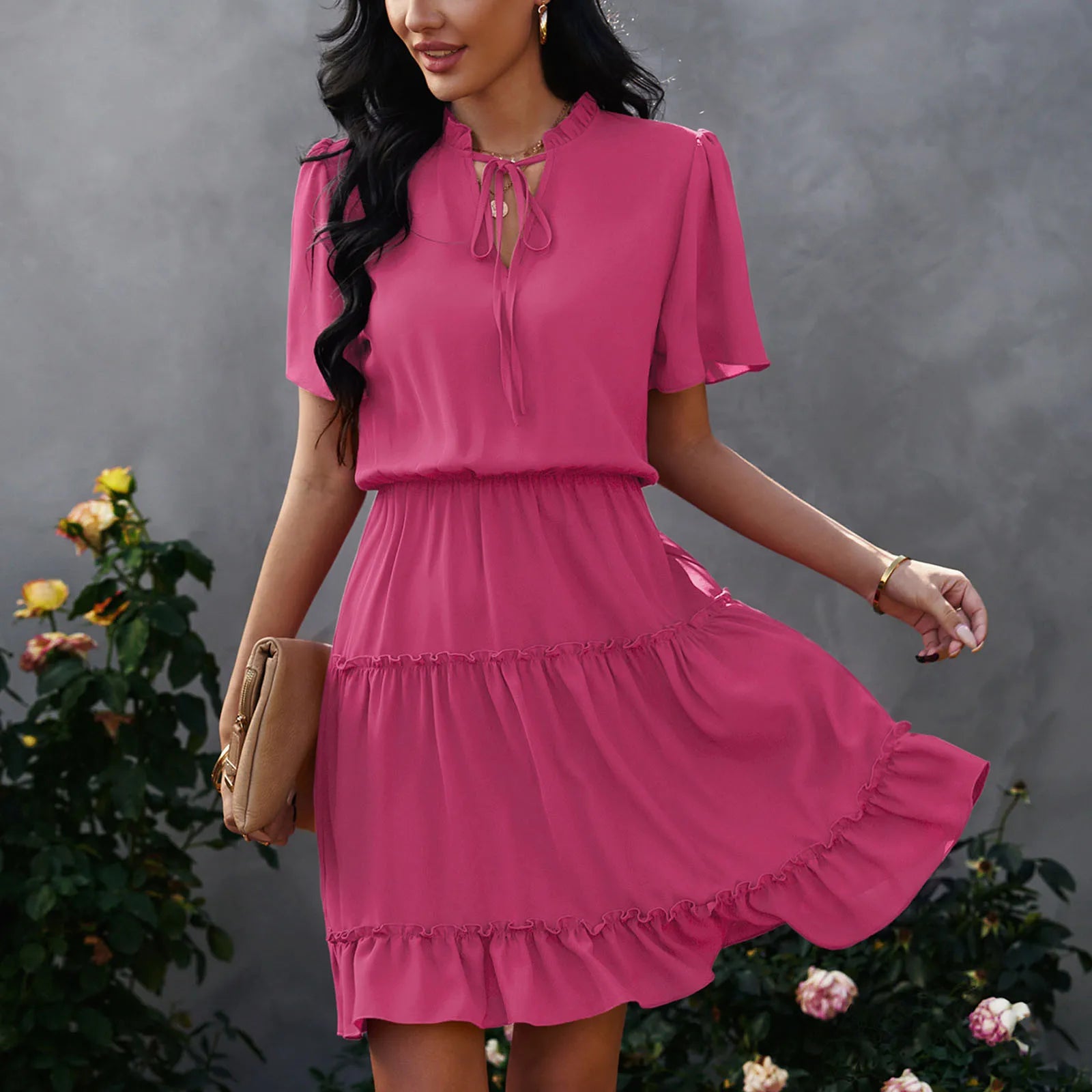 Exclusive Online Offer JuliaFashion - Fashion Casual Loose V Neck Tie Ruffle Cake 2024 Summer New Trend Solid Color Short Sleeve Patchwork Short Dress