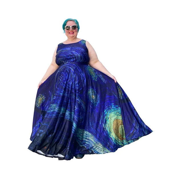 fitted dressArt Series: Plus Size Sleeveless Starry Night Maxi Dress with Fitted Bodice and Voluminous Circle Skirt