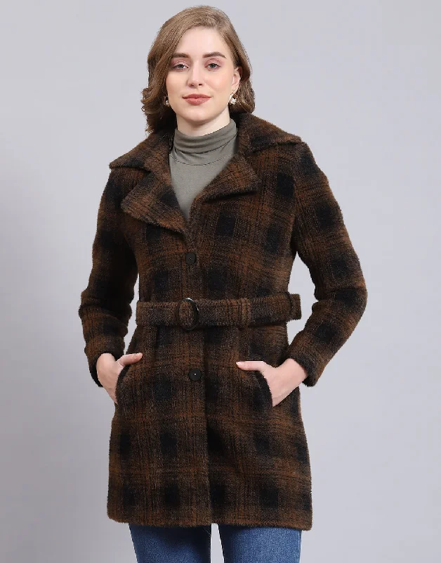 comfortable winter coatWomen Brown Check Lapel Collar Full Sleeve Coat