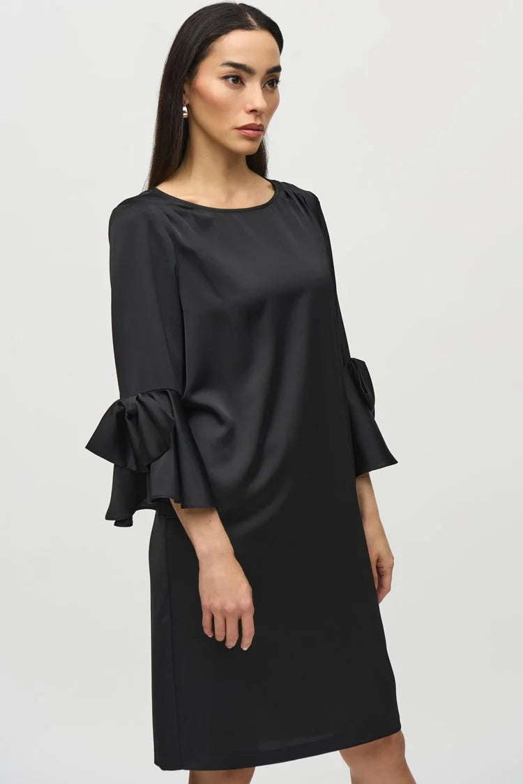 off-the-shoulder dressJoseph Ribkoff Black Satin Ruffle Sleeve Straight Dress