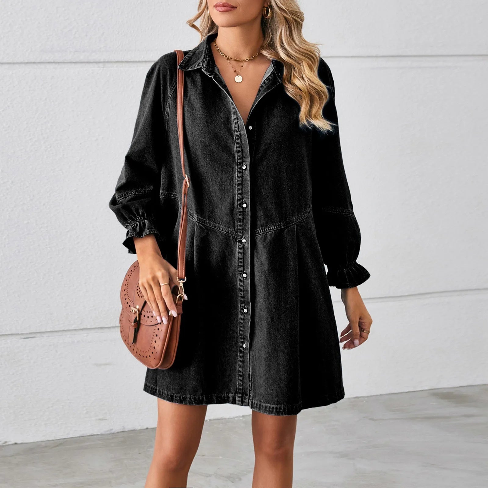 Low Prices JuliaFashion - Spring Summer Denim 2024 Fashion Korea Thin Loose Lantern Sleeve Shirt High Street Mini Casual Button Dress