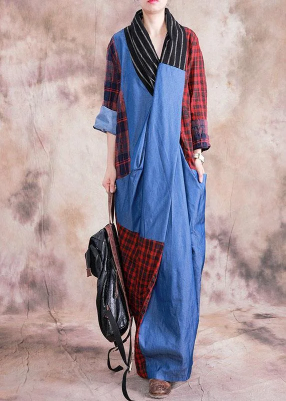 form-fitting dressWomen v neck Cinched cotton linen clothes design red plaid Dresses fall