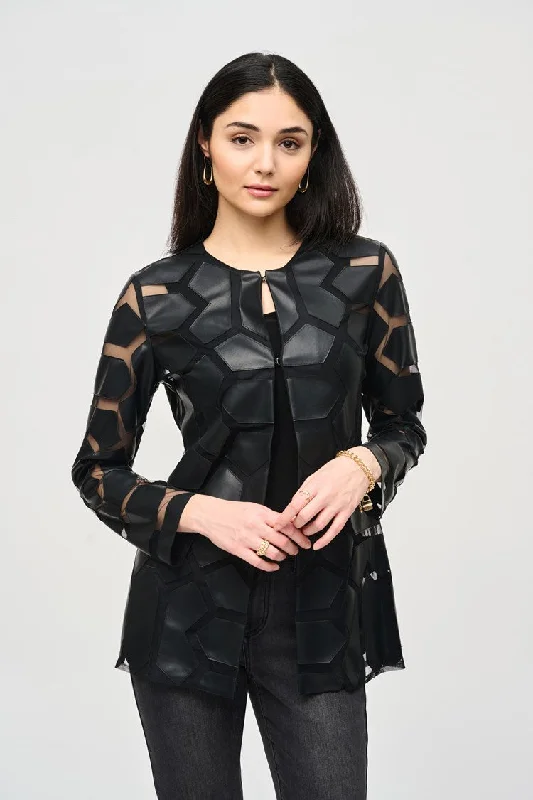 Bargain Bin Joseph Ribkoff Black On Black Laser-Cut Leatherette on Mesh Jacket