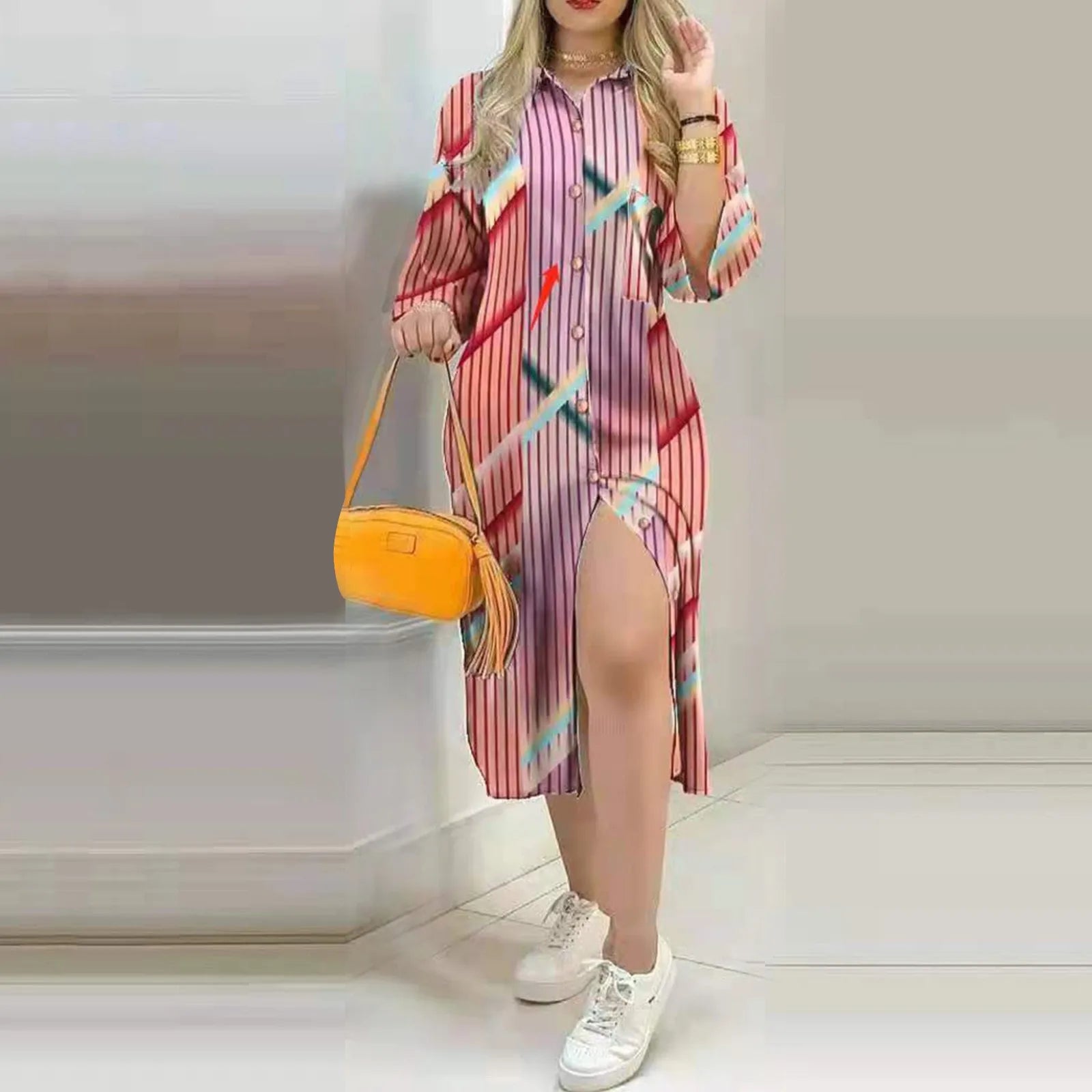 Buy Now JuliaFashion - Women Striped Print Long Sleeve Shirt Autumn Spring Casual OL Long Fashion Vintage Splice Ladies Clothing Dress