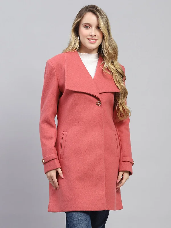 insulated coatWomen Pink Solid Collar Full Sleeve Coat