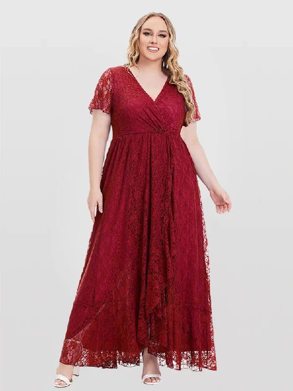 evening dressSolid Lace V-Neck Ruffle Hem Bridesmaid Dress