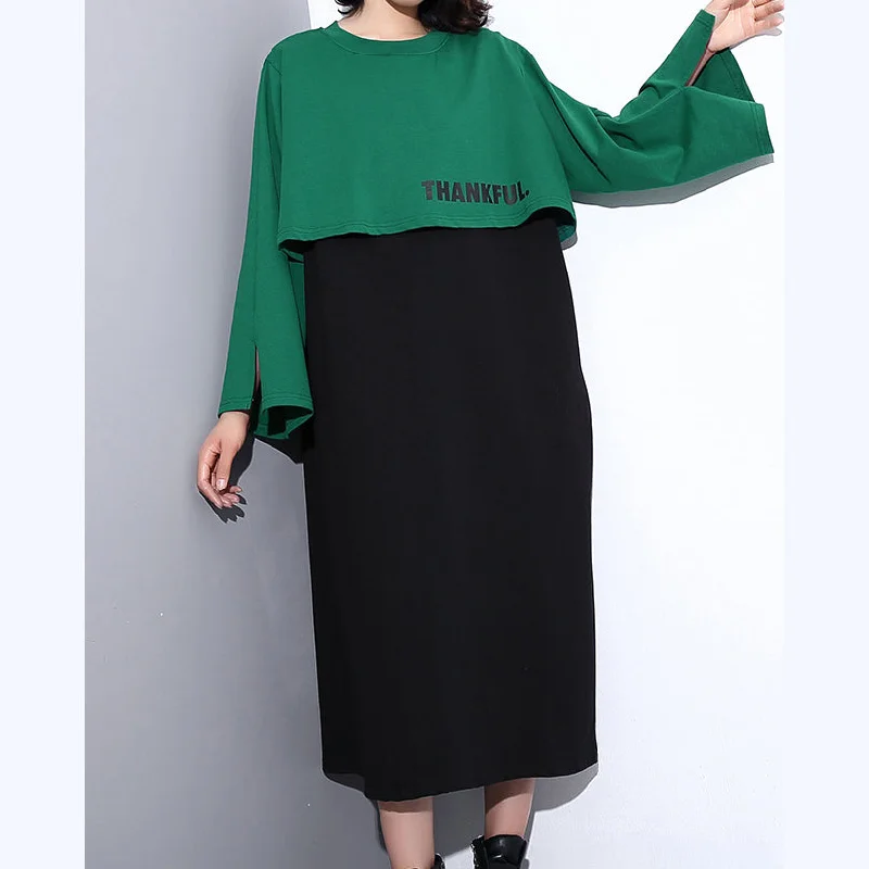 long-sleeve floral dressElegant green autumn cotton dress oversized O neck gown New faux two pieces caftans