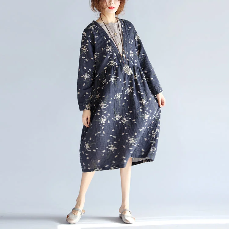 cocktail party dressbaggy gray blue print cotton linen dress plus size O neck baggy dresses traveling clothing casual long sleeve pockets dresses