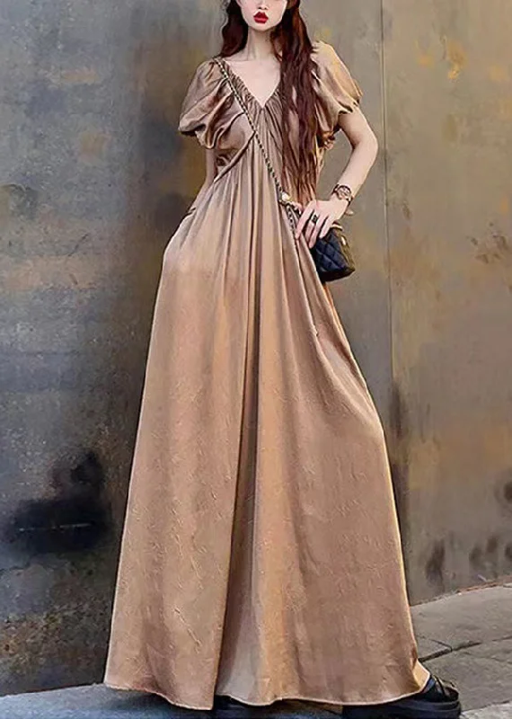 cocktail dressOriginal Champagne V Neck Wrinkled Cotton Maxi Dress Summer