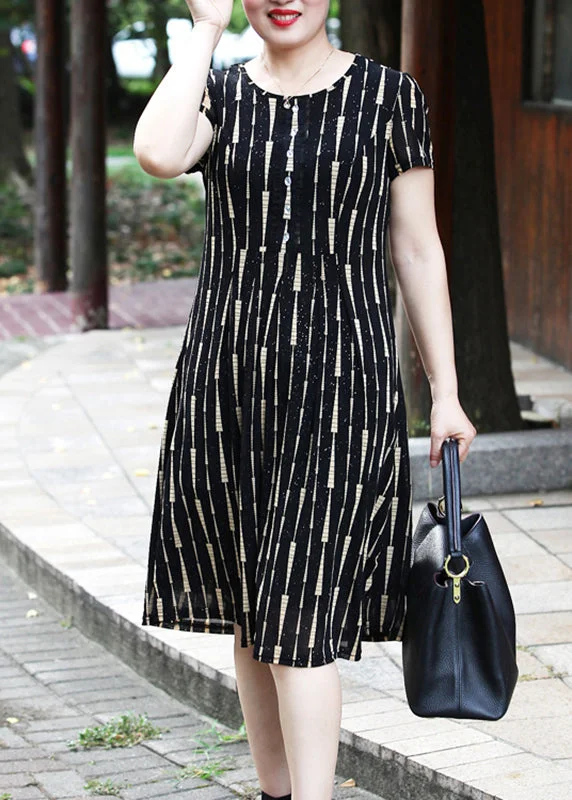 Today’s Deal Elegant Yellow O-Neck Striped Long Dress Short Sleeve