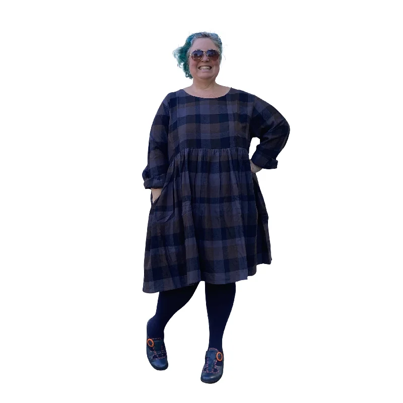 trendy dressWinter Sally Plus Size Dress with Pockets | Brown & Grey Tartan Flannelette