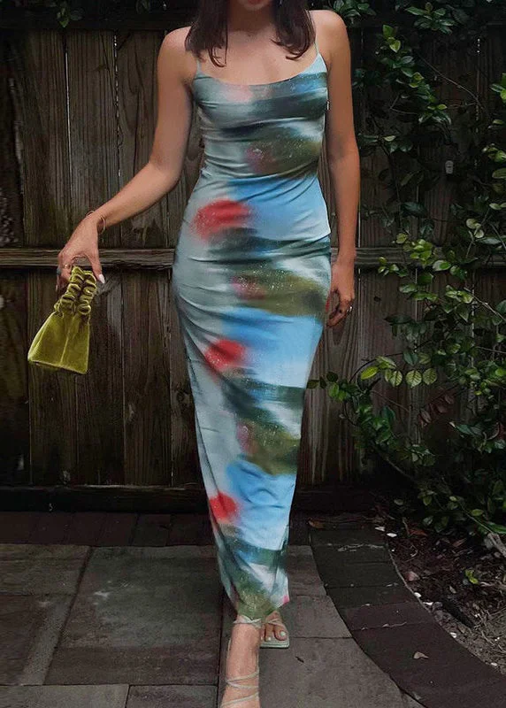 Extra Discounts Fitted Blue Cold Shoulder Print Cotton Spaghetti Strap Dress Sleeveless