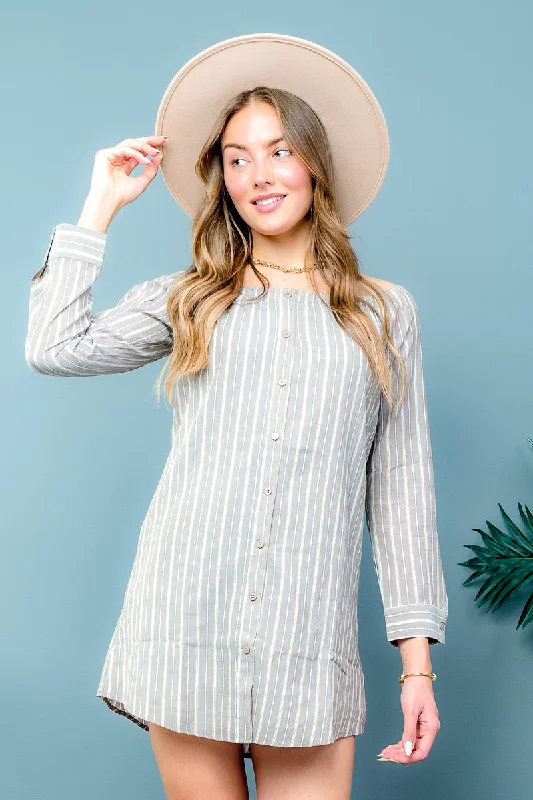 Markdowns Dress Long Sleve Botton in Front Stripe Mini (17E612)