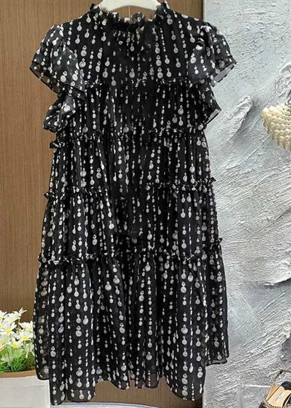 Super Bargain Women Black O-Neck Ruffled Patchwork Dot Print Long Dress Short Sleeve