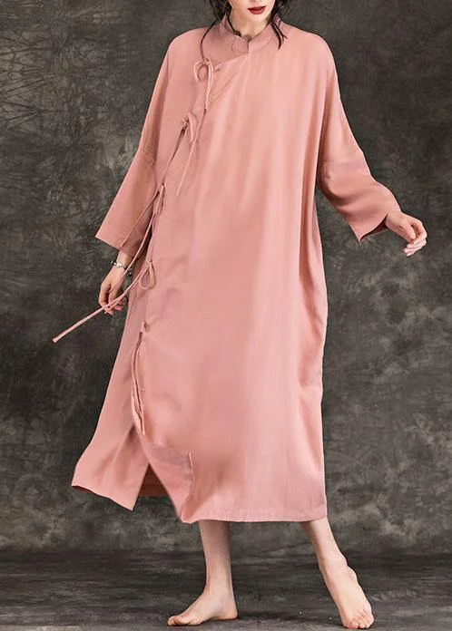 puff sleeve dressLoose stand collar long sleeve cotton quilting clothes Photography pink loose Dresses spring