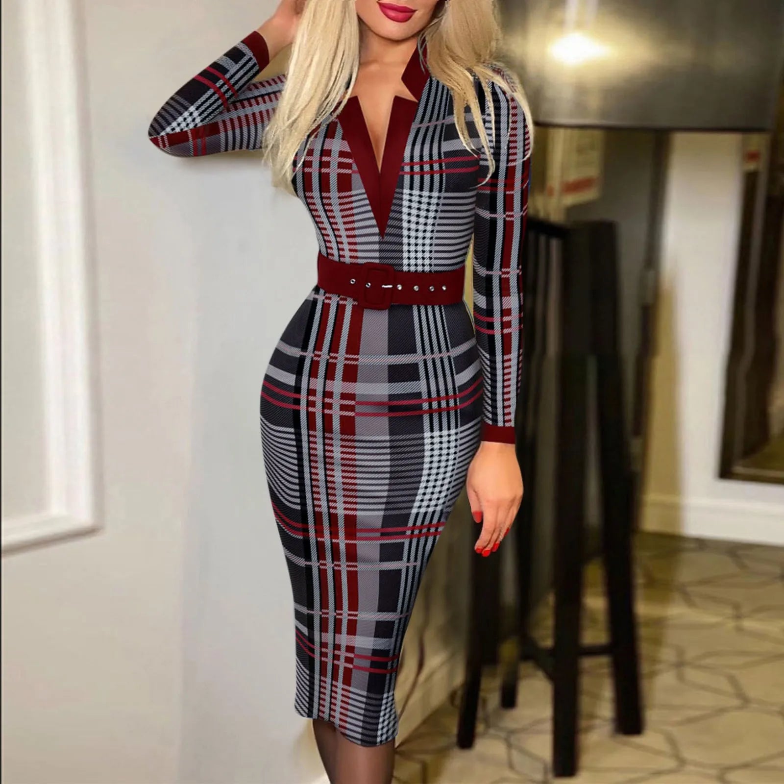 playful dressJuliaFashion - Fashion Polka Dot Print Pencil V-Neck Long Sleeve Bodycon Maxi Elegant Woman Office Work Dress