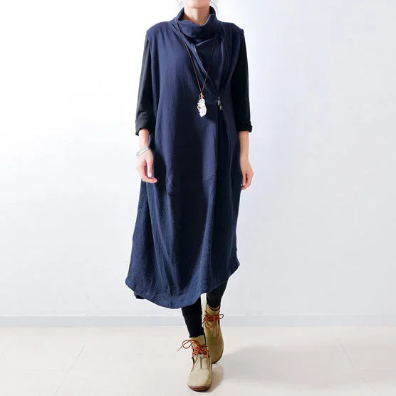 draped dress2024 fall navy linen dresses shoulder zipper design oversized caftans gown