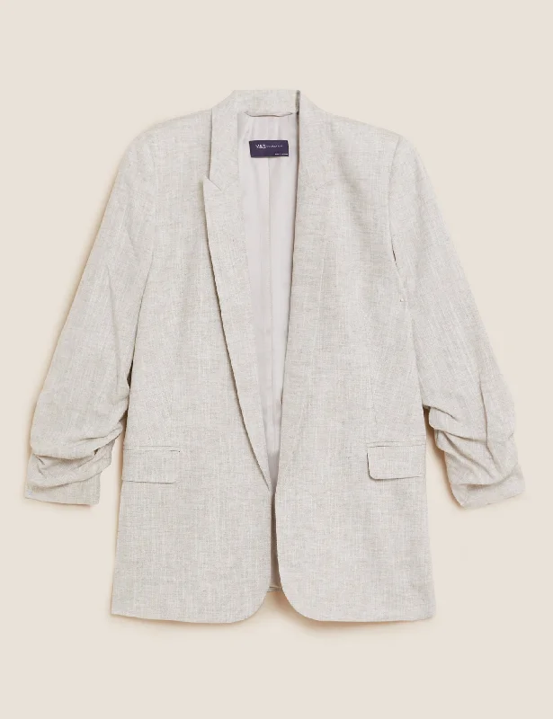 Huge Discounts Linen Blend Ruched Sleeve Blazer