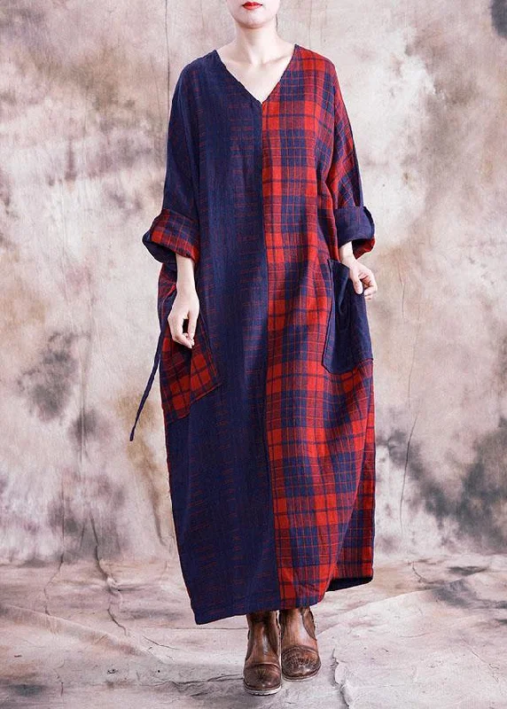 fitted dressSimple v neck tie waist linen cotton dress linen red plaid Dresses fall