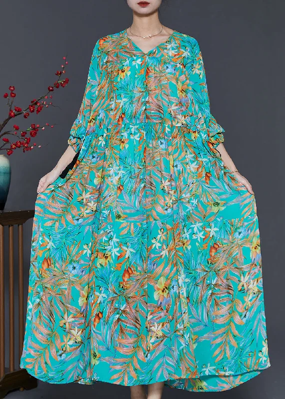 Buy Now Loose Green Cinched Print Chiffon Holiday Dress Spring