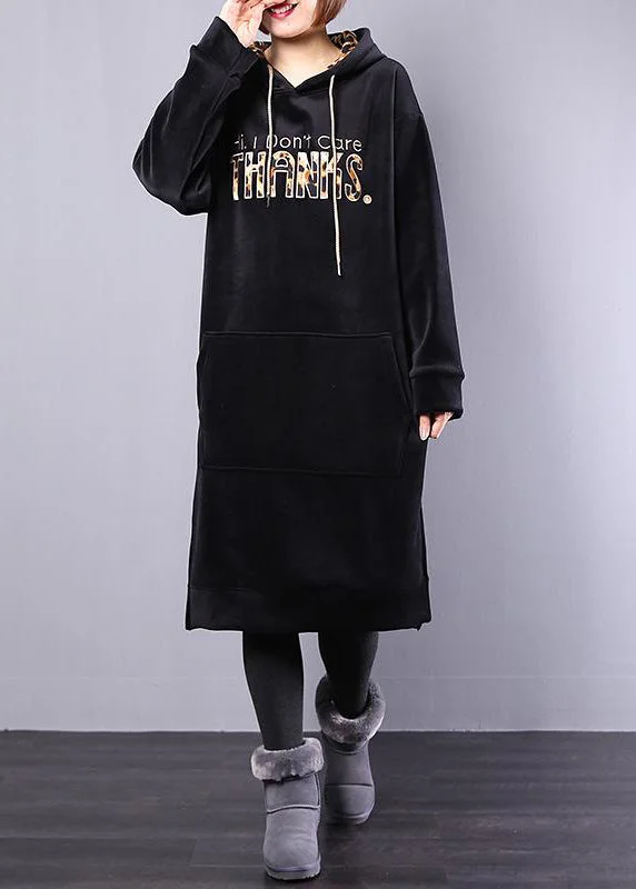 chic dressBeautiful cotton Wardrobes Pakistani Hoodie Drawstring Letter Fleece Loose Midi Dress