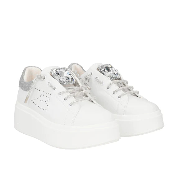 Stock Clearance Tosca Blu WHITE/SILVER VANITY SNEAKER WITH STONE AND RHINESTONES LACE