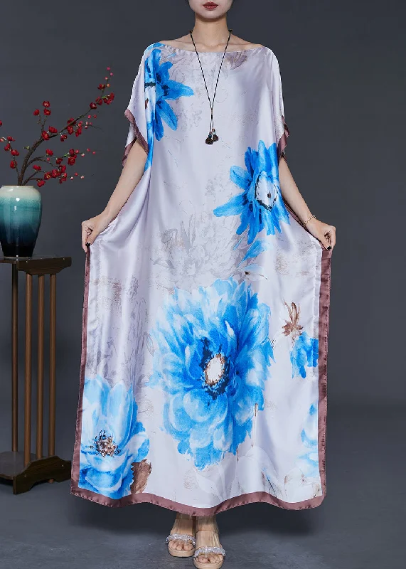 Bargain Bin Bohemian White Flower Print Silk Maxi Dresses Summer