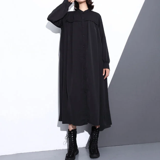 minimalistic dressFine black long silk cotton blended dress oversized stand collar traveling dress vintage pockets Cinched dresses