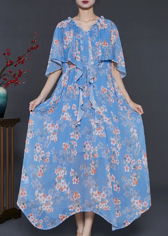 floral wrap dressDIY Blue Ruffled Print Chiffon Vacation Dresses Cloak Sleeves