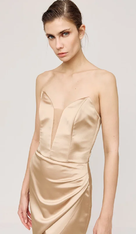 structured dressAccess Fashion Champagne Strapless Dress With A Mesh Panel