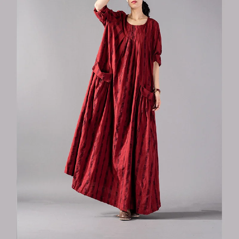 off-shoulder dressElegant red Plaid long oversized o neck baggy linen maxi dress vintage pockets kaftans