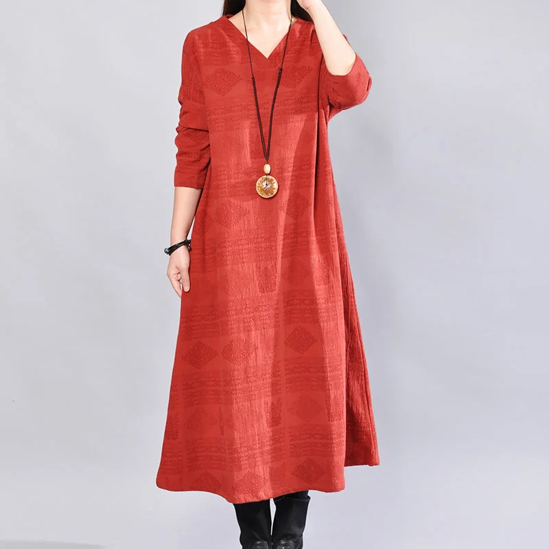 elegant dressfashion burgundy Midi-length linen dress oversize linen clothing dresses Elegant back side open v neck linen clothing dress