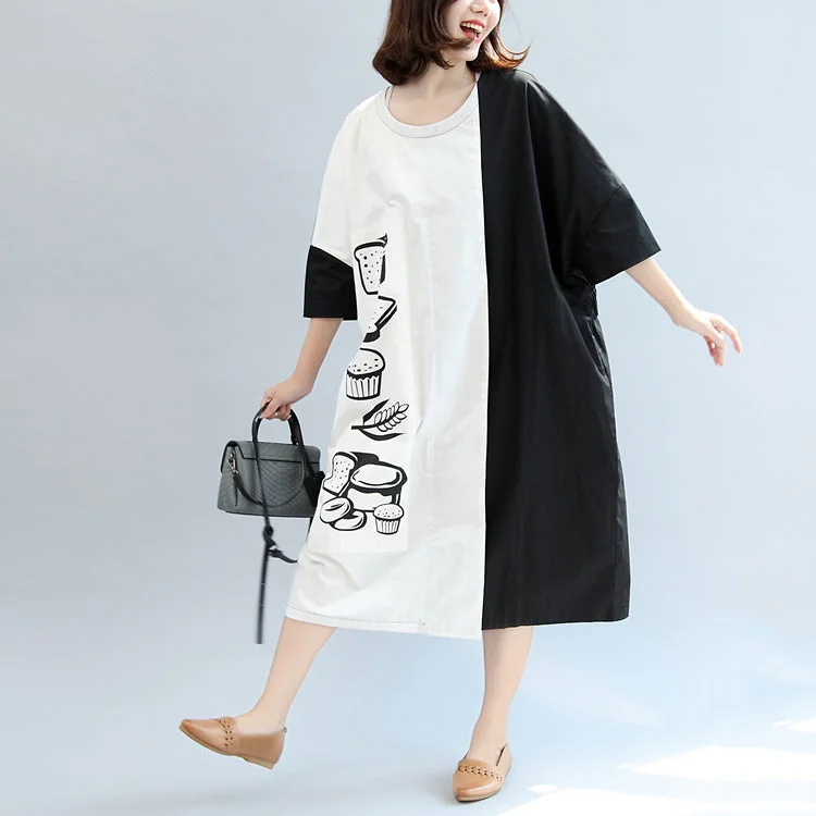 pleated dress2024 fall black white patchwork cotton dresses oversize print warm outfits