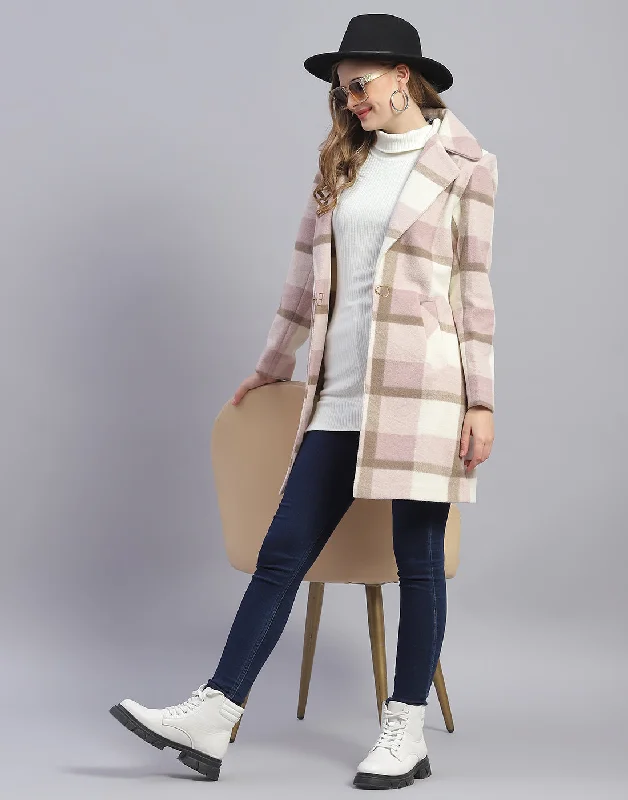 Special Savings Women Pink Check Lapel Collar Full Sleeve Coat