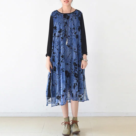 long-sleeve floral dressroyal blue spring dresses plum flowers print chiffon dress long maxi dresses layered