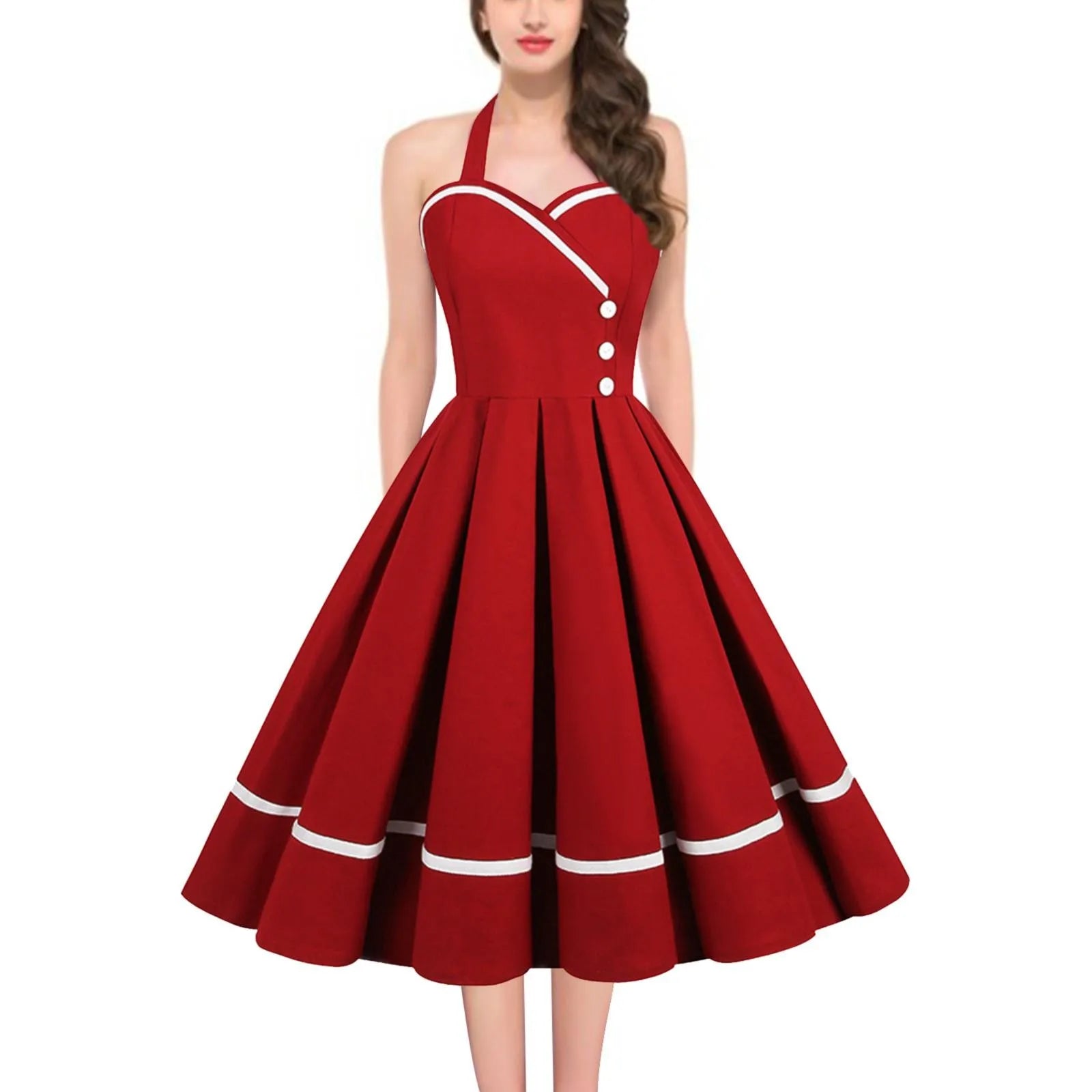 Don’t Miss Out JuliaFashion - Pin Up Rockabilly Party 50s 60s Button Pleated Strapless Cotton Red Green Pink V Neck Femme Vintage Dress
