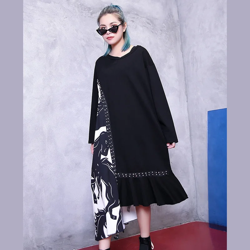 cocktail party dressFine black natural plus size clothing dress patchwork asymmetrical design Elegant v neck baggy dresses