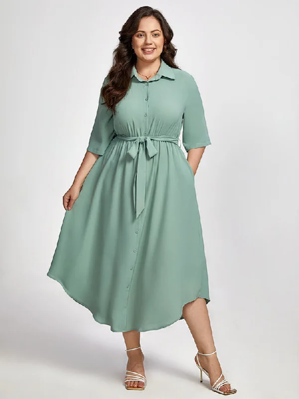 off-the-shoulder dressPlus Shirt Collar Pocket Button  Belted Dress