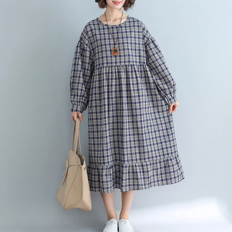 printed dressWomen Apparel Casual Loose Plaid Dress Fashion Cotton Linen Dresses