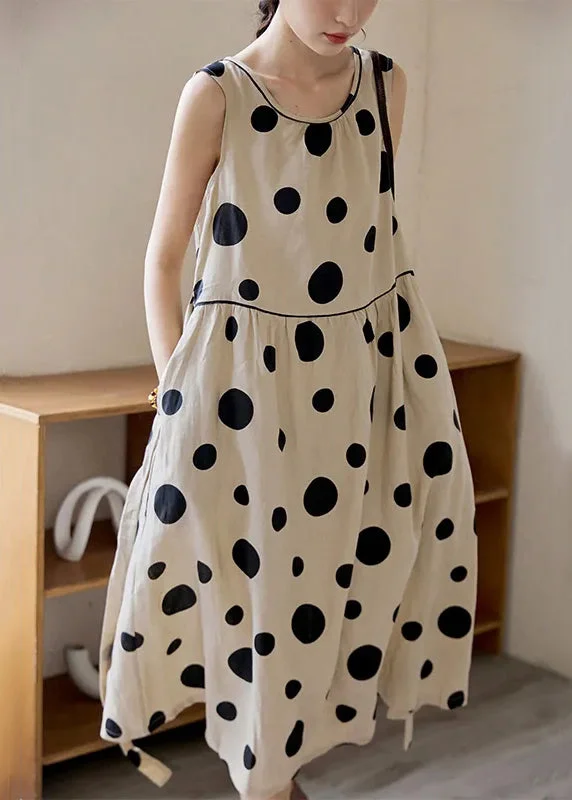 oversized dressItalian O Neck Dot Tie Waist Cotton Long Dress Sleeveless